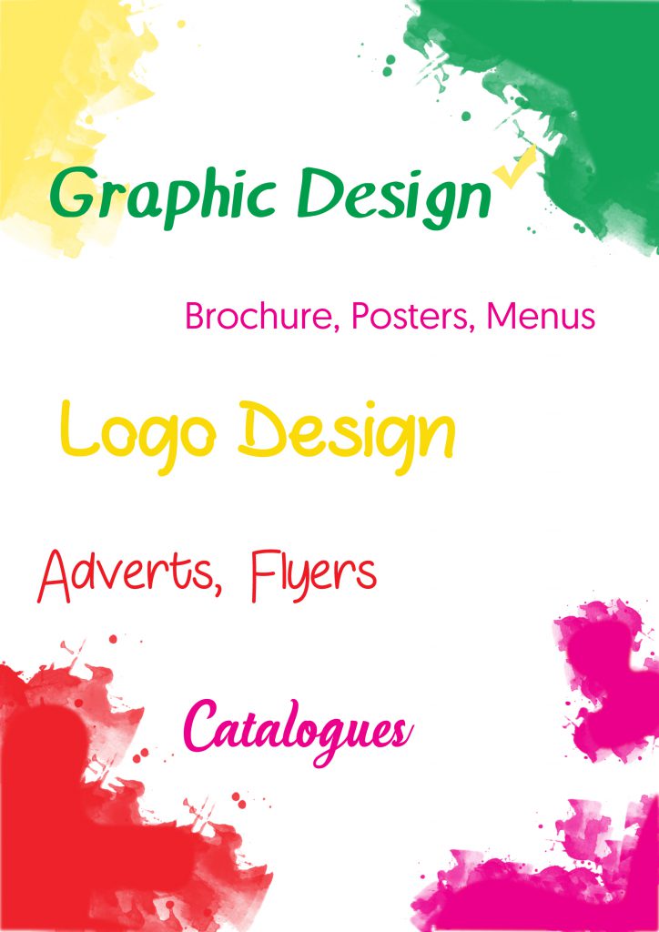 Graphic design services flyer: brochures, posters, menus, logo design, adverts, flyers and catalogues